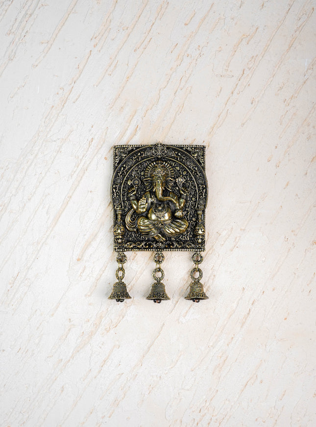 Brass Antique Ganesha Wall Hanging with Bell - 7 inch - WL5886