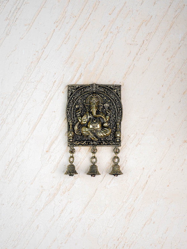 Brass Antique Ganesha Wall Hanging with Bell - 7 inch - WL5886