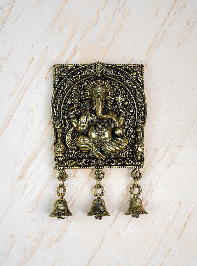 Brass Antique Ganesha Wall Hanging with Bell - 7 inch - WL5886