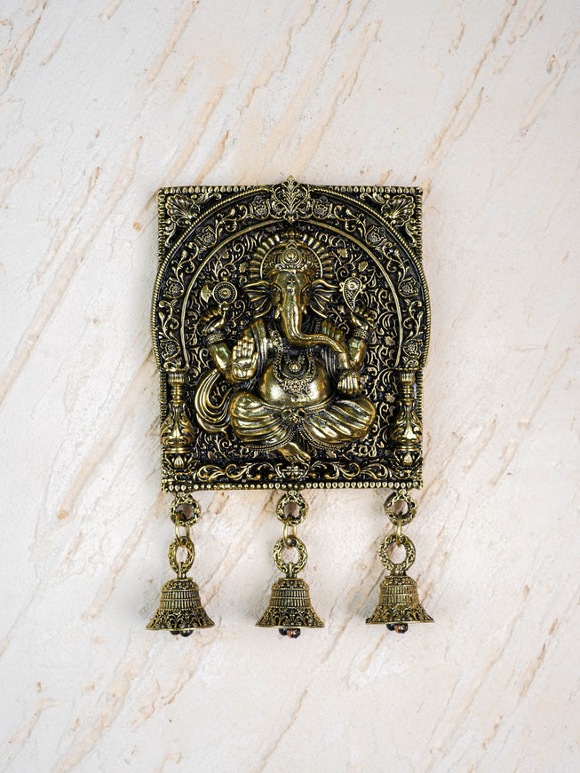 Brass Antique Ganesha Wall Hanging with Bell - 7 inch - WL5886