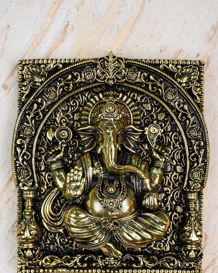 Brass Antique Ganesha Wall Hanging with Bell - 7 inch - WL5886