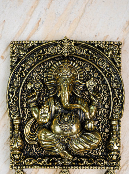 Brass Antique Ganesha Wall Hanging with Bell - 7 inch - WL5886