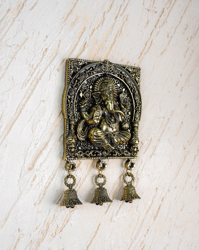 Brass Antique Ganesha Wall Hanging with Bell - 7 inch - WL5886
