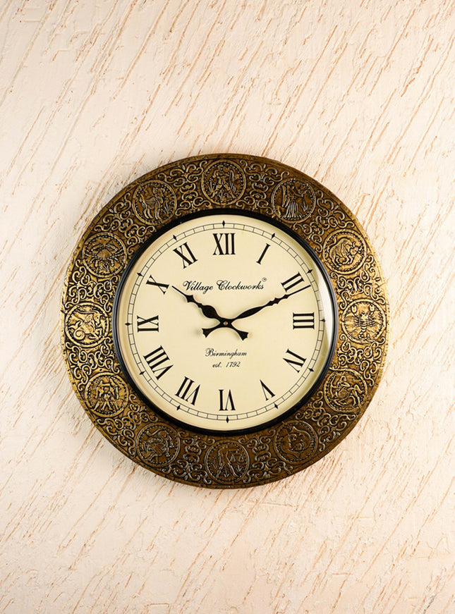 Wall Clock - Embossed Brass with Zodiac Signs - 18 inch - WL5910