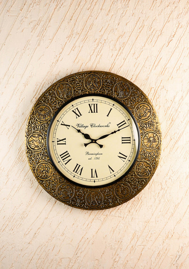 Wall Clock - Embossed Brass with Zodiac Signs - 18 inch - WL5910