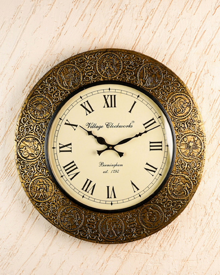 Wall Clock - Embossed Brass with Zodiac Signs - 18 inch - WL5910