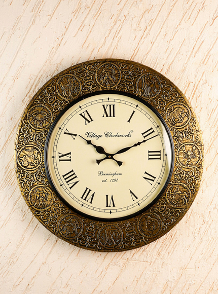 Wall Clock - Embossed Brass with Zodiac Signs - 18 inch - WL5910