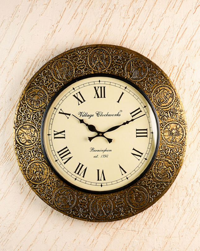 Wall Clock - Embossed Brass with Zodiac Signs - 18 inch - WL5910