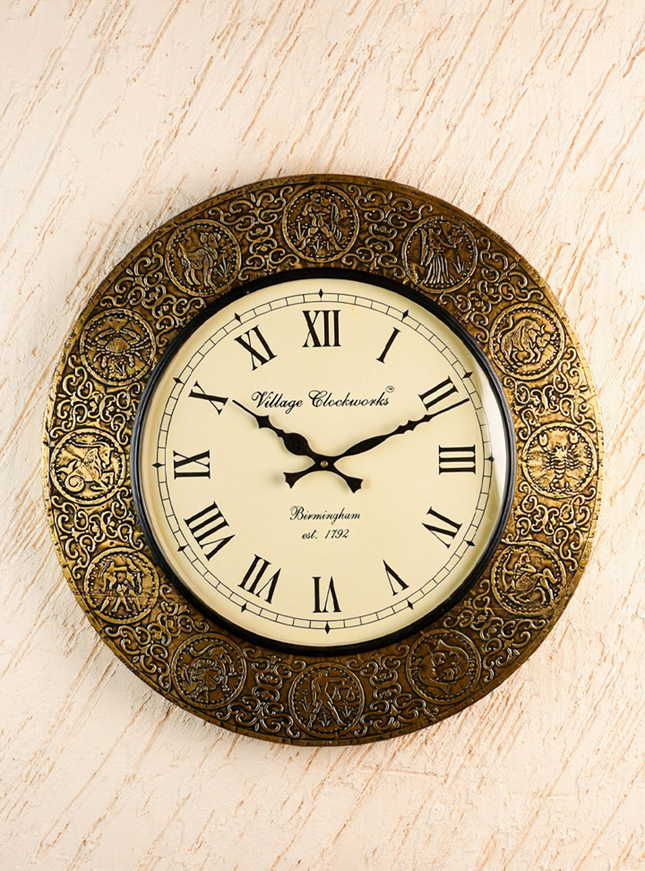 Wall Clock - Embossed Brass with Zodiac Signs - 18 inch - WL5910