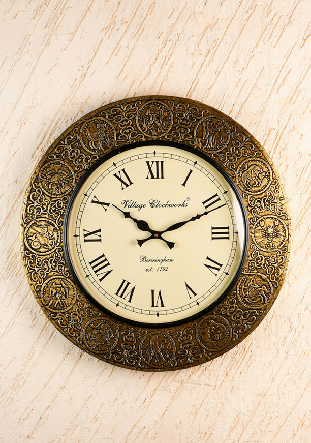 Wall Clock - Embossed Brass with Zodiac Signs - 18 inch - WL5910