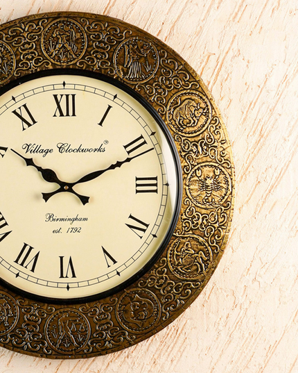 Wall Clock - Embossed Brass with Zodiac Signs - 18 inch - WL5910