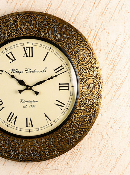Wall Clock - Embossed Brass with Zodiac Signs - 18 inch - WL5910