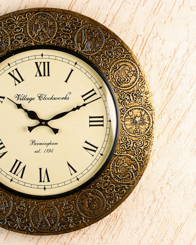 Wall Clock - Embossed Brass with Zodiac Signs - 18 inch - WL5910