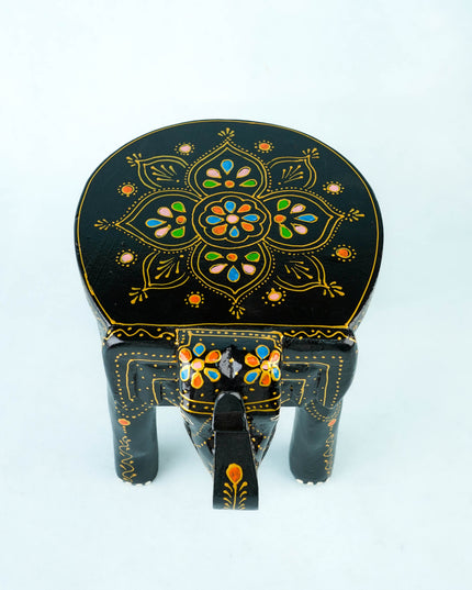 Hand Painted Elephant Stool - 8 inch - Black - WL5921