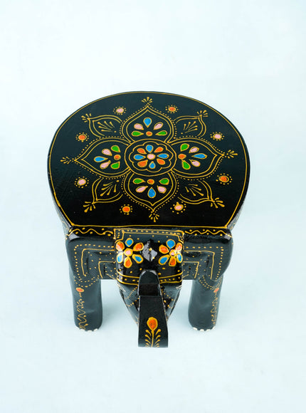 Hand Painted Elephant Stool - 8 inch - Black - WL5921