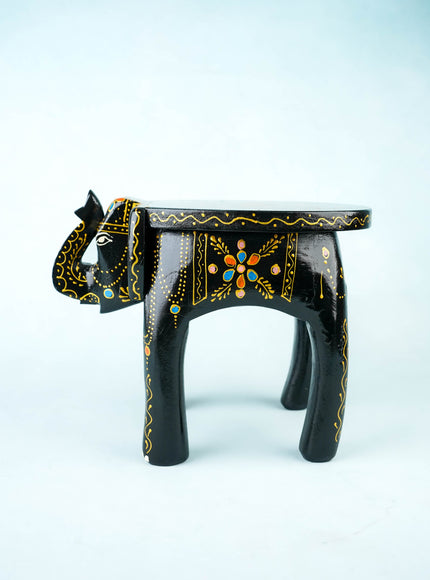 Hand Painted Elephant Stool - 8 inch - Black - WL5921