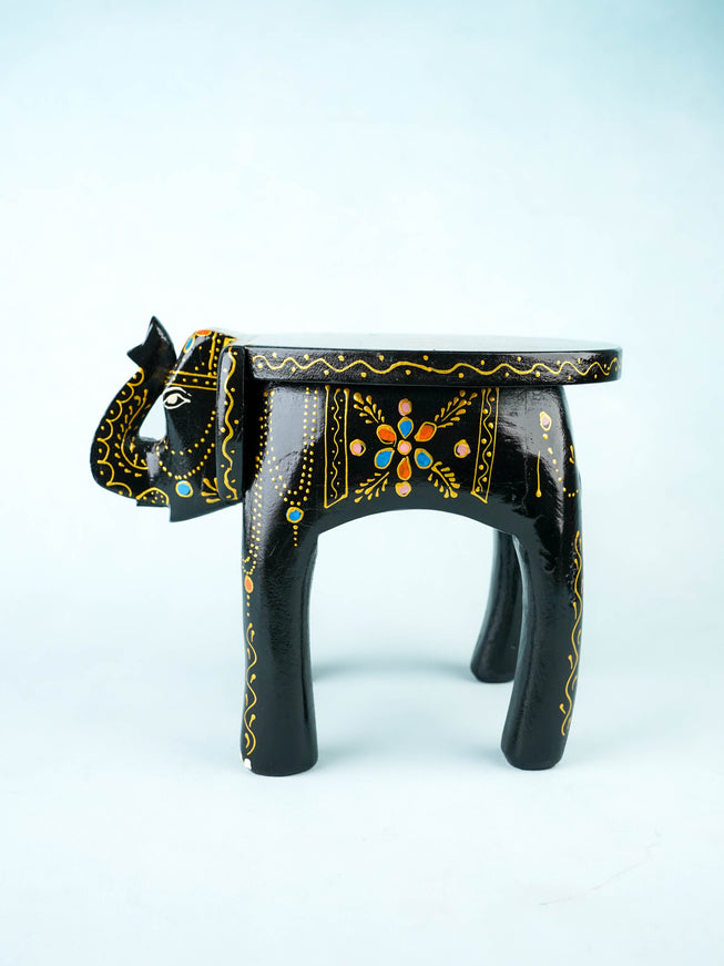 Hand Painted Elephant Stool - 8 inch - Black - WL5921