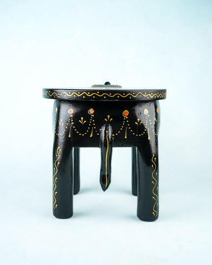 Hand Painted Elephant Stool - 8 inch - Black - WL5921