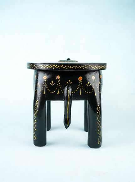 Hand Painted Elephant Stool - 8 inch - Black - WL5921