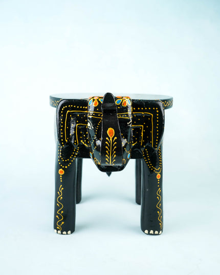 Hand Painted Elephant Stool - 8 inch - Black - WL5921