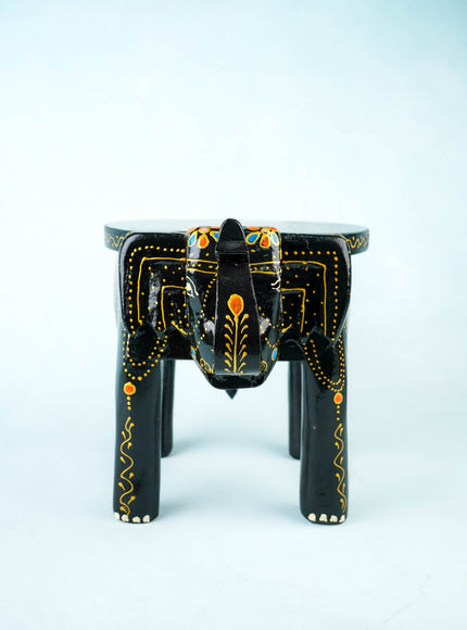 Hand Painted Elephant Stool - 8 inch - Black - WL5921