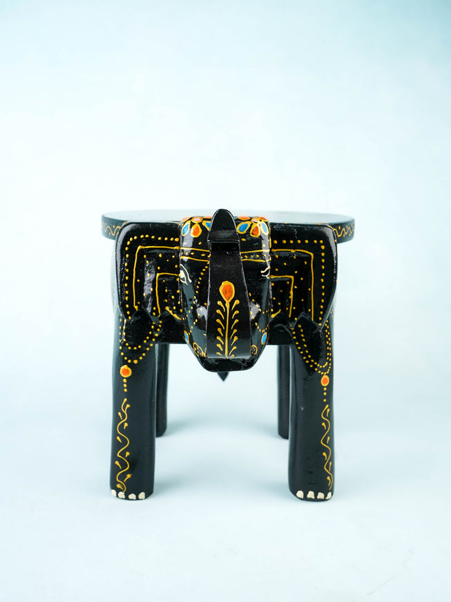 Hand Painted Elephant Stool - 8 inch - Black - WL5921