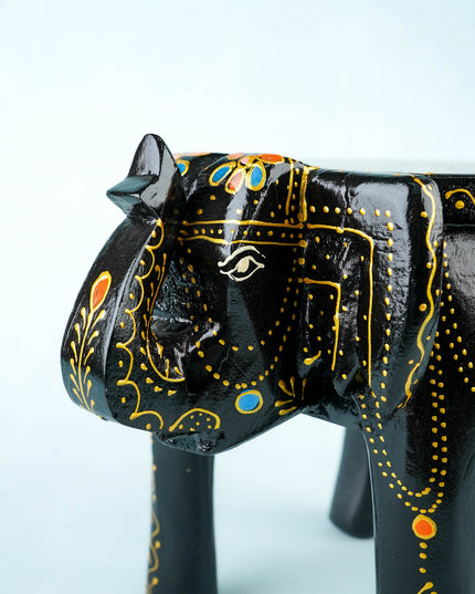 Hand Painted Elephant Stool - 8 inch - Black - WL5921