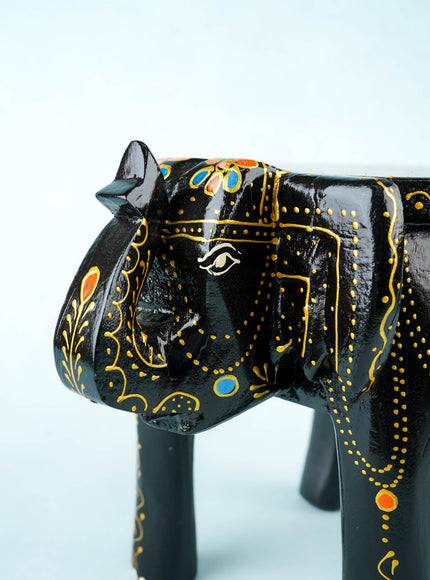 Hand Painted Elephant Stool - 8 inch - Black - WL5921