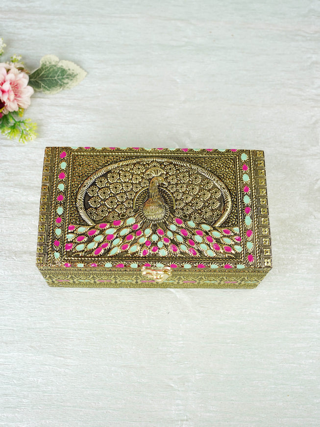 Oxidized Peacock Design - Dry Fruit Box with 2 Jar - 8 inch - WL5924