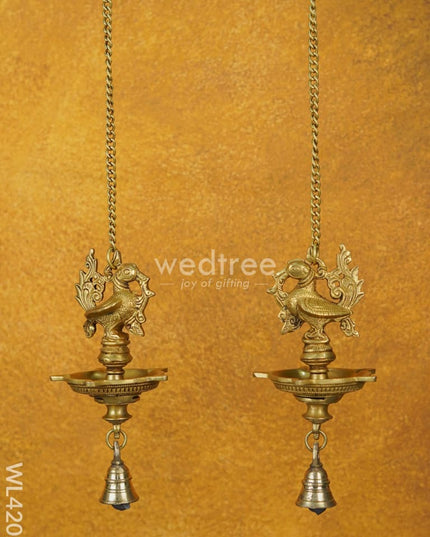 Brass Annapakshi Hanging 5-Face Diya with Bell [Set of 2] - WL4202