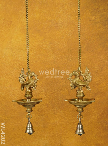Brass Annapakshi Hanging 5-Face Diya with Bell [Set of 2] - WL4202