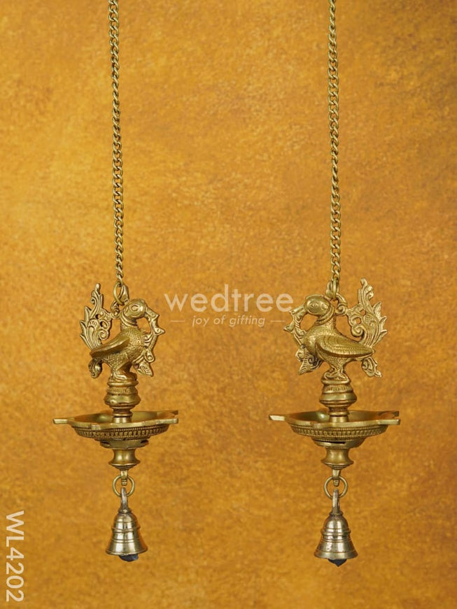 Brass Annapakshi Hanging 5-Face Diya with Bell [Set of 2] - WL4202