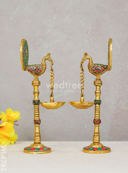 Brass Peacock Hanging Diya with Stone Work (Set of 2) - WL4781