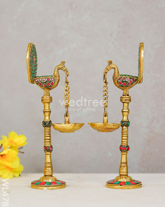 Brass Peacock Hanging Diya with Stone Work (Set of 2) - WL4781