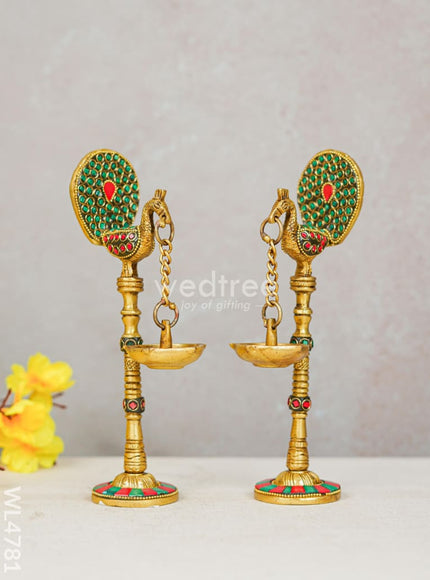 Brass Peacock Hanging Diya with Stone Work (Set of 2) - WL4781