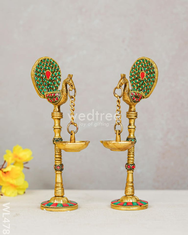 Brass Peacock Hanging Diya with Stone Work (Set of 2) - WL4781