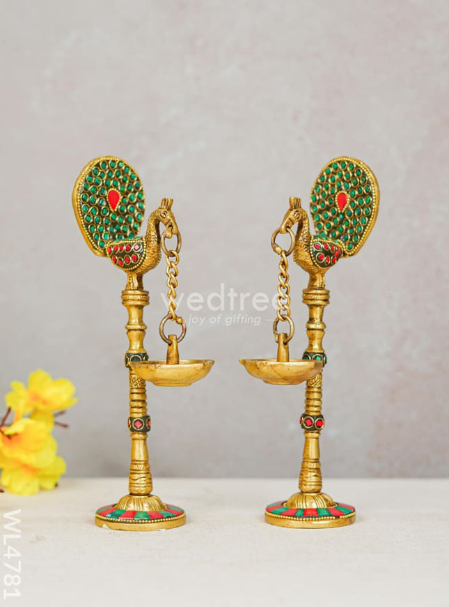 Brass Peacock Hanging Diya with Stone Work (Set of 2) - WL4781