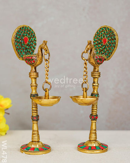 Brass Peacock Hanging Diya with Stone Work (Set of 2) - WL4781