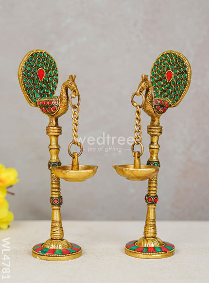 Brass Peacock Hanging Diya with Stone Work (Set of 2) - WL4781