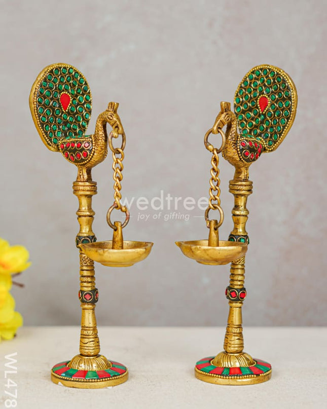 Brass Peacock Hanging Diya with Stone Work (Set of 2) - WL4781