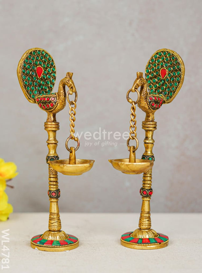 Brass Peacock Hanging Diya with Stone Work (Set of 2) - WL4781