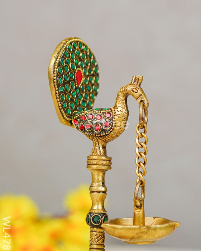 Brass Peacock Hanging Diya with Stone Work (Set of 2) - WL4781
