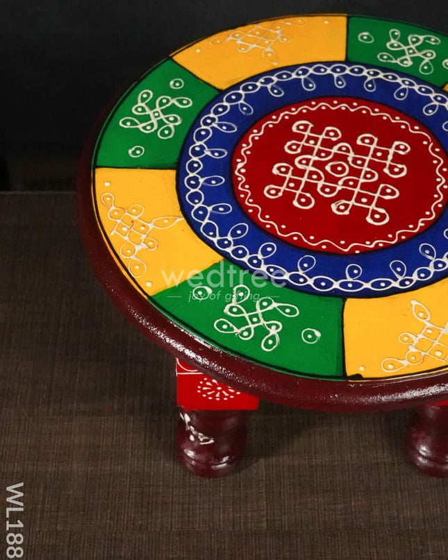 Colourful Rangoli Pooja Stool - 10 Inches Round - WL1888