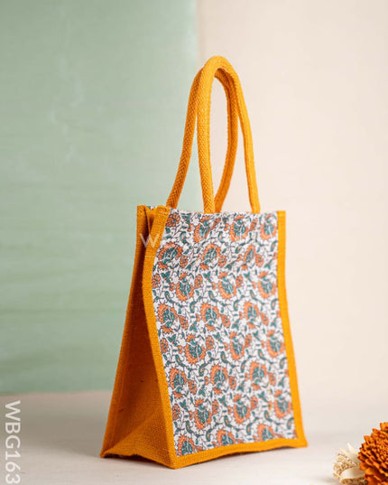 Floral Printed Jute Bag - Mustard - WBG1637