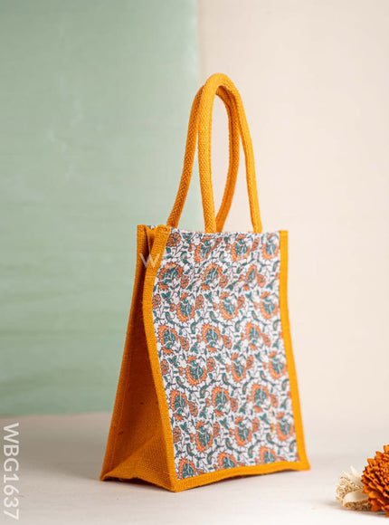 Floral Printed Jute Bag - Mustard - WBG1637