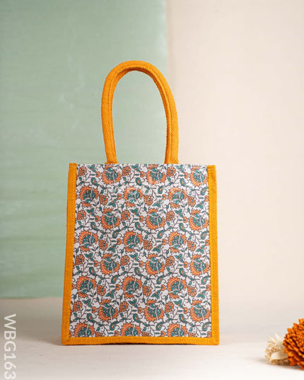 Floral Printed Jute Bag - Mustard - WBG1637