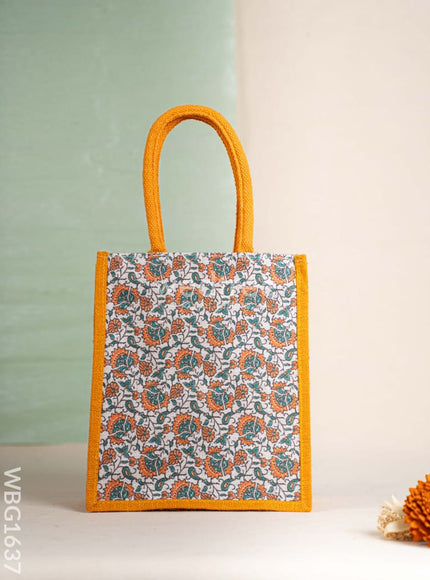 Floral Printed Jute Bag - Mustard - WBG1637