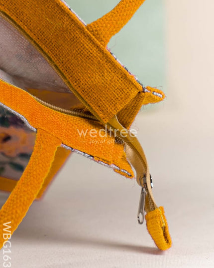 Floral Printed Jute Bag - Mustard - WBG1637
