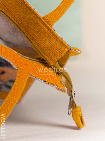 Floral Printed Jute Bag - Mustard - WBG1637