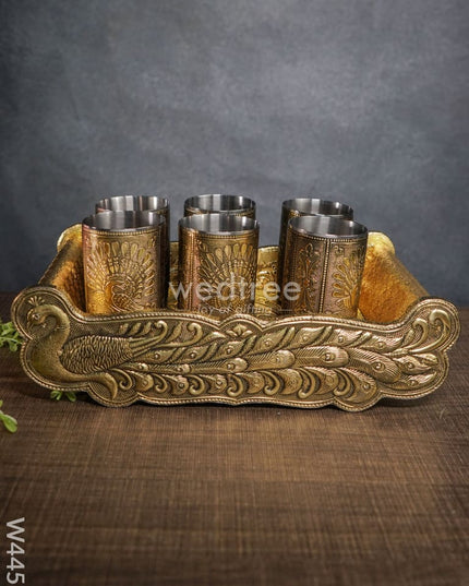 German oxidised tray with 6 glass - W4451
